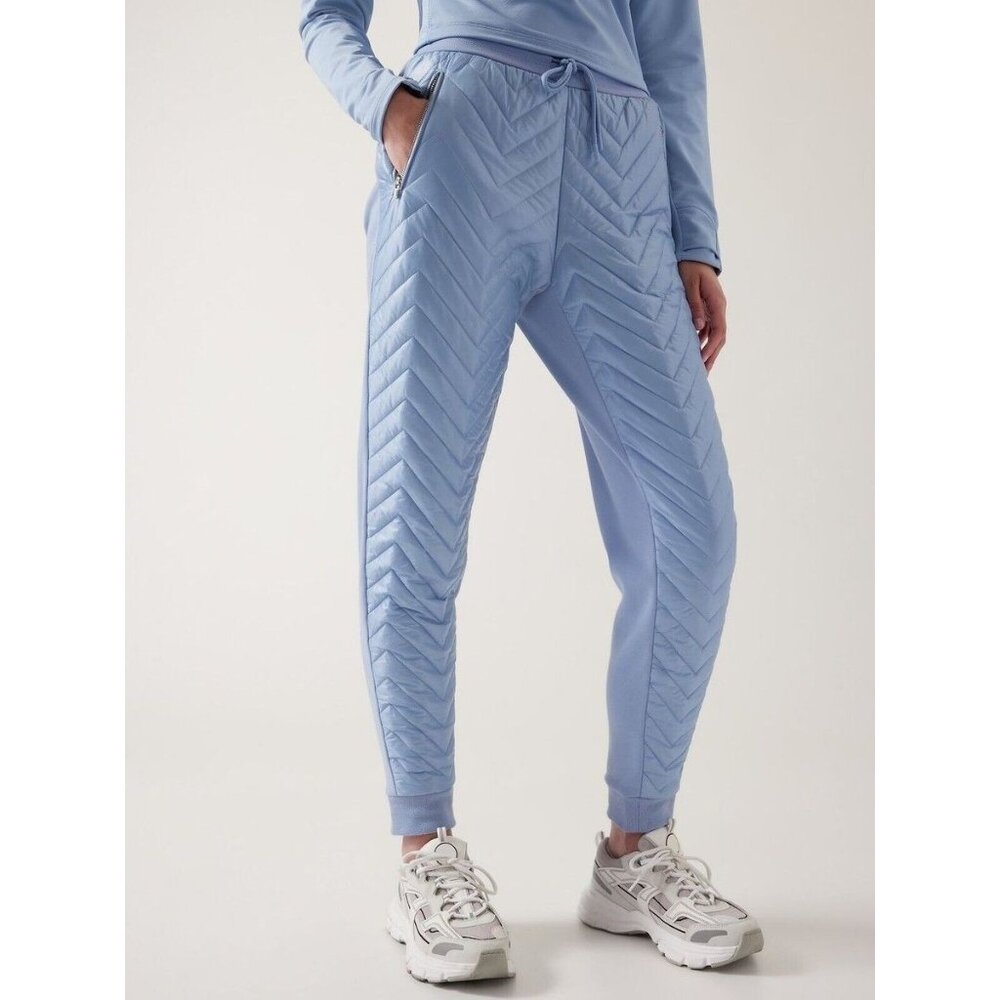 Athleta Womens Apres Ski Down Quilted Jogger Pants Heron Blue Drawstring 12P